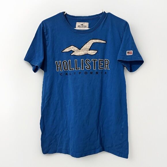 VTG Y2K Hollister Rare American Flag Patch Sleeve Men T-shirt M Blue Logo Bird - Picture 1 of 9